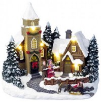 MagicHome Vianočný domček 6 LED teplá biela s melódiami polyresin 3xAA interiér 19,50 x 12,80 x 18 cm